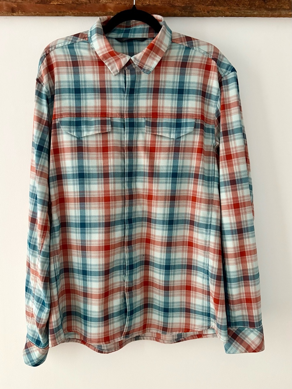 Arc'teryx—Long-Sleeve Snap Shirt, Orange/Blue Plaid (Large)